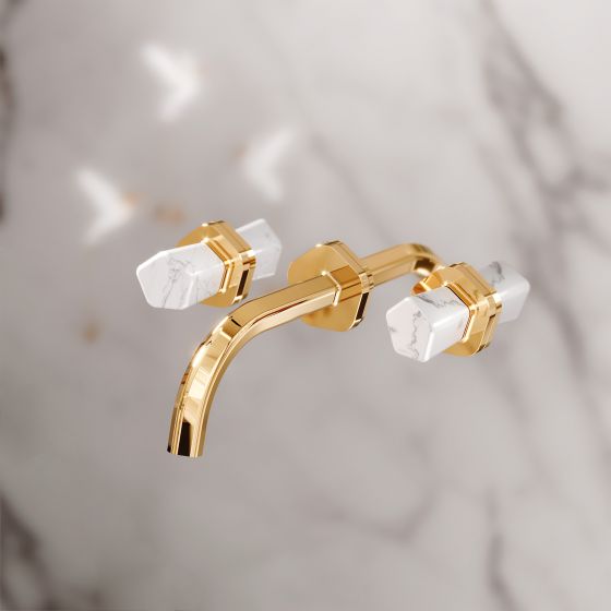 Jörger Design, Shadó, Edelmessing, Naturstein, weißer Türkis, Wand- Waschtischarmatur, Designerarmatur, Neoklassik, joerger