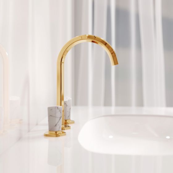 Jörger Design, Shadó, Edelmessing, Naturstein, weißer Türkis, Waschtischarmatur, Neoklassik, Joerger