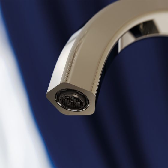 Jörger Design, Shadó, Silbernickel, Naturstein, blauer Aventurin, Waschtischarmatur, Armaturenauslauf, Art Déco, Polygon, joerger