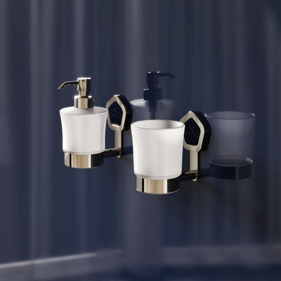 Jörger Design, Shadó, Silbernickel, Naturstein, blauer Aventurin, Badezimmer Accessoires, Lotinspender, Glashalter, Art Déco, Polygon, joerger