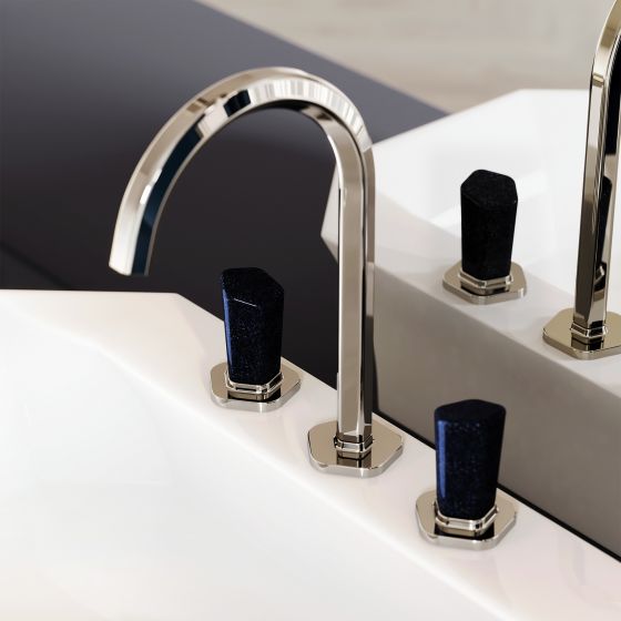 Jörger Design, Shadó, Silbernickel, Naturstein, blauer Aventurin, Waschtischarmatur, Waschtisch 3-Loch Armatur, Spiegel, Art Déco, Polygon, joerger