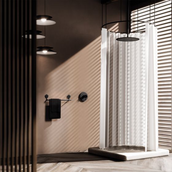 Jörger Design, Shadó, Schwarz matt, Naturstein, schwarzer Marmor, Duschbereich, 1-Hand Brausebatterie, Unterputz-Batterie, Accessoires