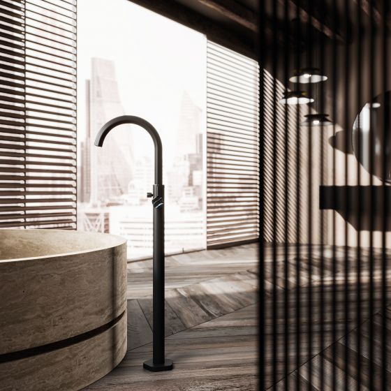 Jörger Design, Shadó, Schwarz matt, Naturstein, schwarzer Marmor, freistehende Wannenarmatur, Wannenarmatur, Joerger
