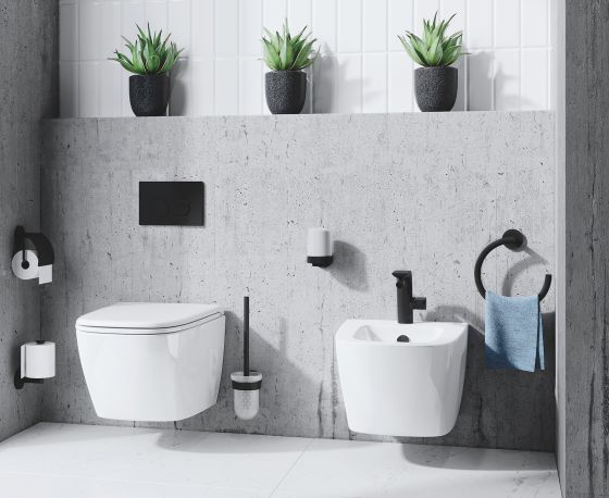 Jörger, Design, Exal in black matt in the bathroom area of toilet and bidet with toilet paper roll holder, toilet brush holder set, single lever bidet mixer and towel ring.